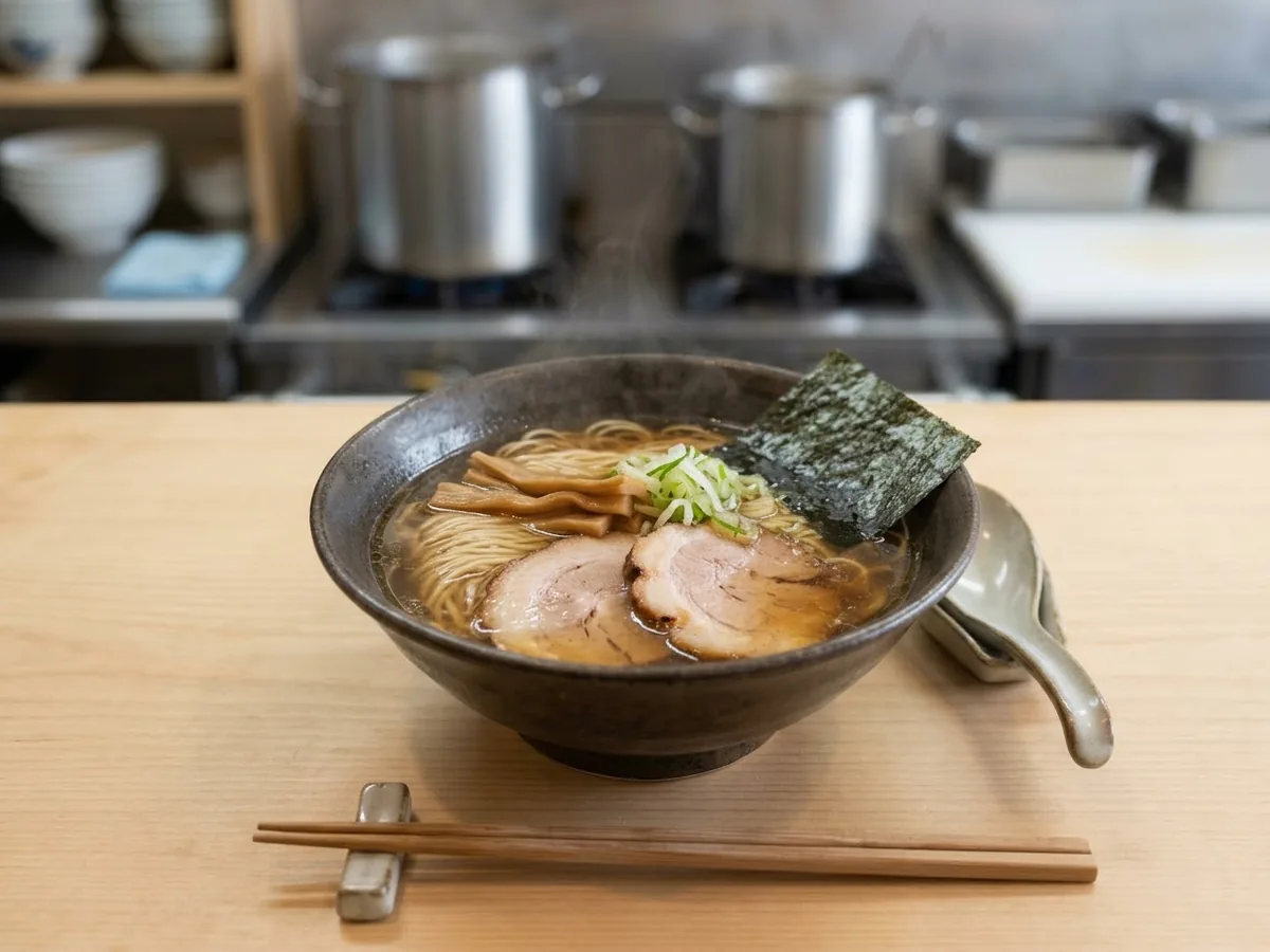 澄んだ醤油スープに、チャーシューとメンマ、青ねぎをのせた中華そばの写真（AIで作成したイメージ）