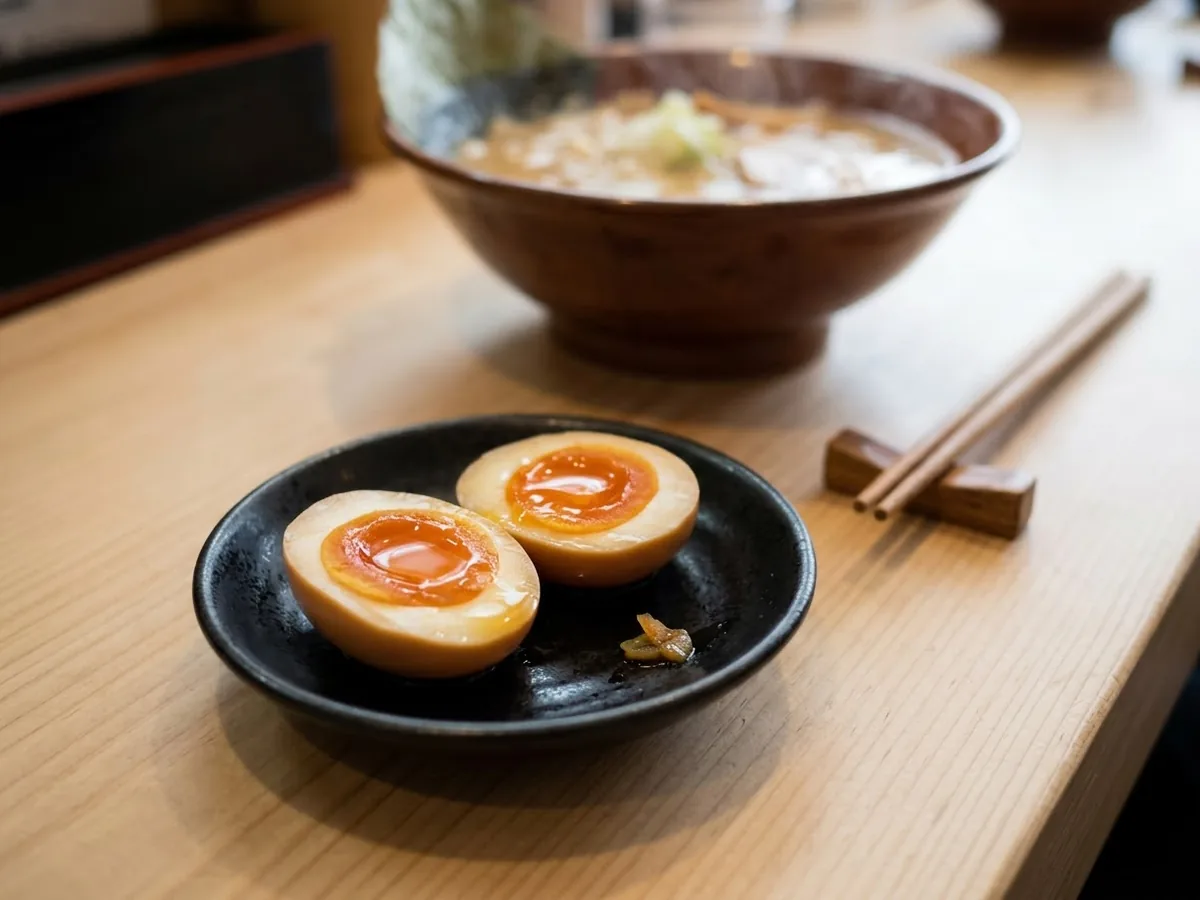 半分に切った、黄身がとろりとした味玉の写真（AIで作成したイメージ）