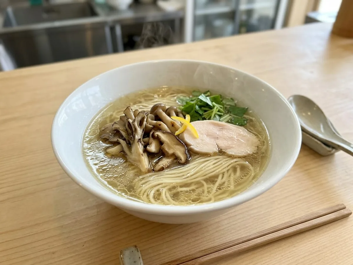 透きとおった塩スープの上に、炒めたきのこをたっぷりのせた塩そばの写真（AIで作成したイメージ）